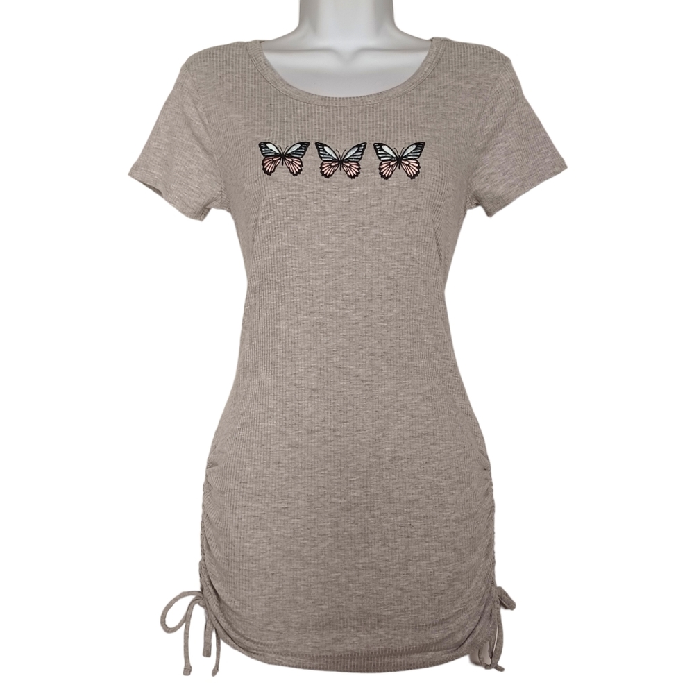 WHITE FAWN Embroidered Butterfly Gray Ribbed Ruched Mini Tunic Dress Girls XL